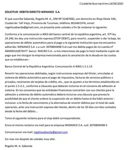 Solicitud de stop debit