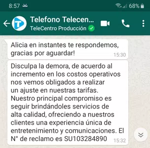 Telecentro aumento el servicio sin autorizacion de aumento