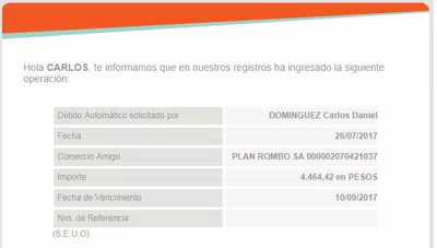 Cancelacion del débito de plan rombo sa no autorizado