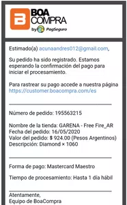 Boacompra Hice el pago y no me llego los diamantes