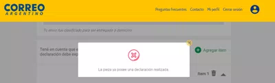 No puedo declarar y pagar envío internacional