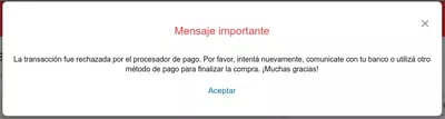 Transacción rechazada por el procesador de pago