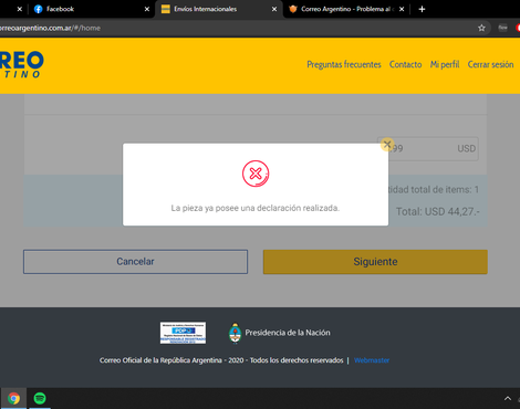 Problema al declarar envio internacional - correo argentino