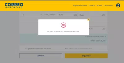 "la pieza ya posee una declaración realizada"al querer hacer la declaración