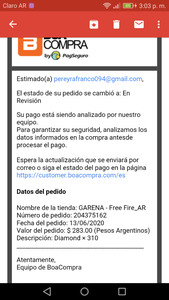 No me recargaron los diamantes sale estado revision