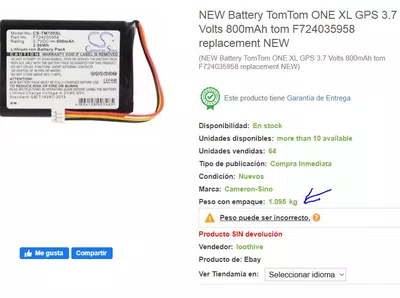 Error en el peso de la new battery tomtom one xl gps 37 volts 800mah tom f724035