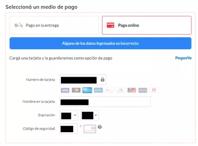 Pago con tarjetas siempre lleva a "alguno de los datos ingresados es incorrecto"