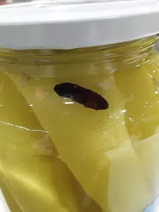Cucaracha en un frasco de ajíes nucete