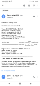 Compra pendiente y aún no entrega a mi cartera de steam dicho dinero