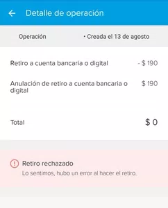 Transferencias/retiros rechazados desde mercadopago a banco nacion
