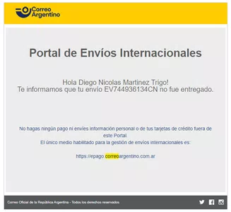 Mail que dice "te informamos que tu envío xxxxx no fue entregado."