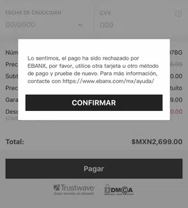 Pago rechazado por ebanx