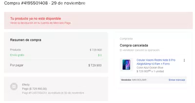 Tu producto ya no está disponible. compra cancelada