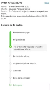 1 semana de retraso de la llegada a depósito en miami / orden #1600266705