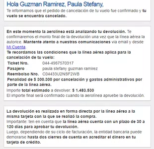 Devolución dinero - cancelación de vuelo -reembolso nro. c04433u2nsf2wb