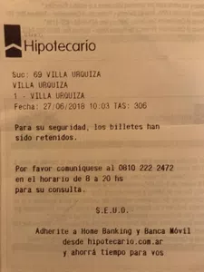 Terminal de autoservicio del bco hipotecario me retuvo los billetes