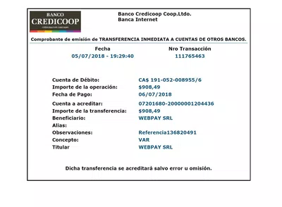 Necesito que me acrediten el pago