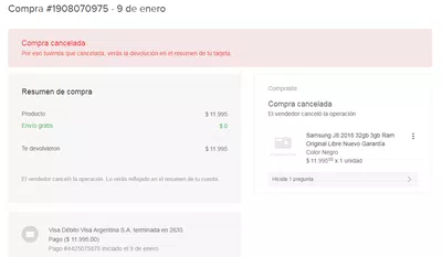 Reintegro del dinero de la compra "compra #1908070975"