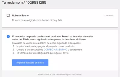 Mercado libre: no puedo imprimir etiqueta del correo para devolver un producto