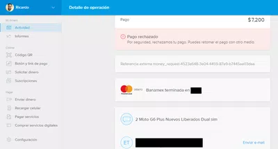 Mercado pago no devuelve el dinero cuando te rechazan un pago