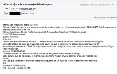 Intento de estafa que circula por mail