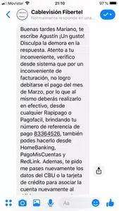 Error interno de cablevisión que impidió el cobro por débito automático