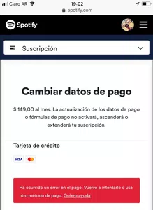 Spotify no puede debitarse de naranja visa