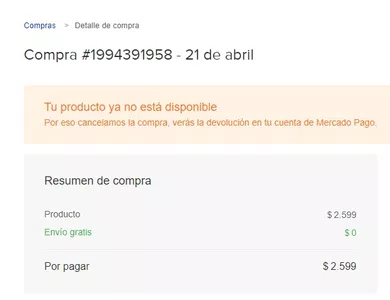 Tu producto ya no está disponible por eso cancelamos la compra