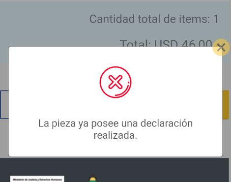 Error gral-la pieza ya contiene declaracion, realizada pero no habilita el pago