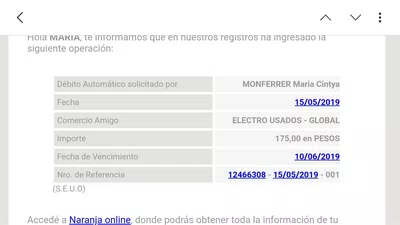 Reclamo a movimiento de débito automático inexistente