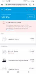 Suspensión y retención de dinero en cuenta