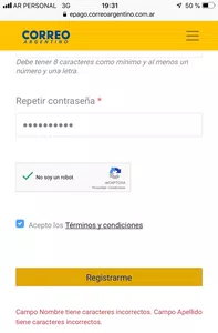 Campo nombre apellido incorrecto
