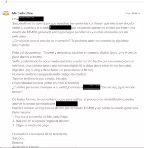 Suspensión de cuenta mercadolibre y extorsión para que pague deuda ajena
