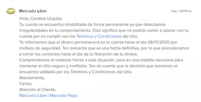 Estafa mercadolibre cuenta suspendida permanentemente
