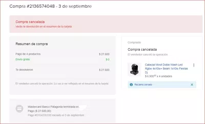 Mercado no devuelven 27600 pesos de compra cancelada con master