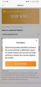 Problemas para retirar dinero a paypal