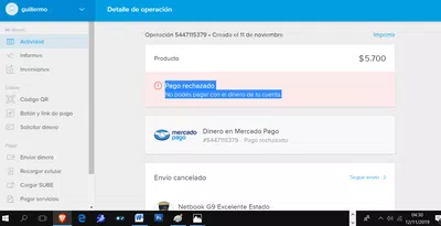 Pago rechazado no podés pagar con el dinero de tu cuenta