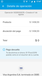 Acreditación del dinero del producto devuelto
