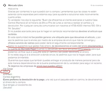 No me hicieron la devolucion de un envio que me habian prometido