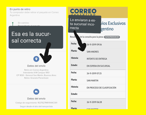 El transportista envió el producto a otra sucursal