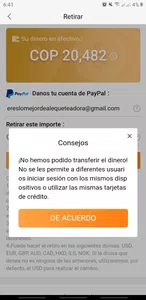 No puedo retirar el dinero a paypal